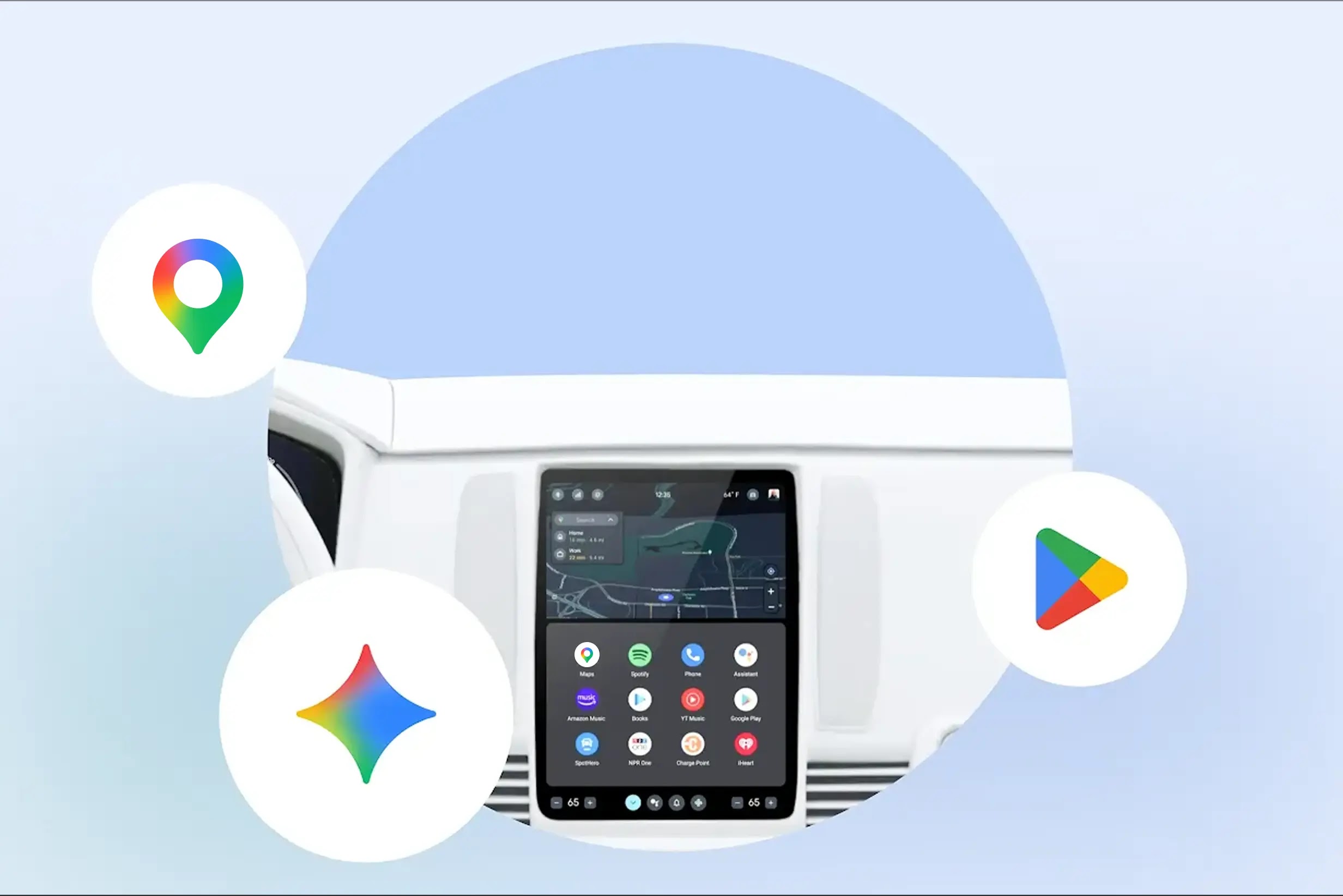 Android Autoの車載画面とGemini、Googleマップ、Google Playのアイコン