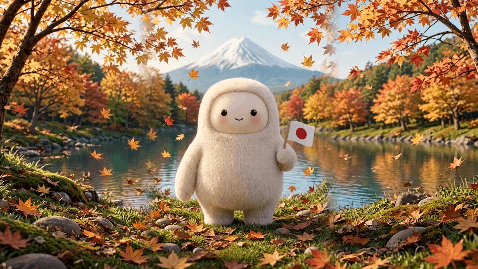 Meta Museのキャラクターが紅葉と富士山を背景に日本の旗を持つイメージ
