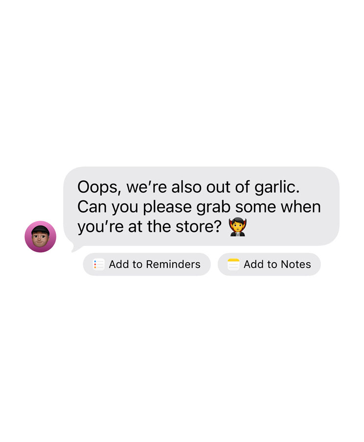 Apple iPhoneのメッセージでリマインダーやメモへの追加が提案されている画面
