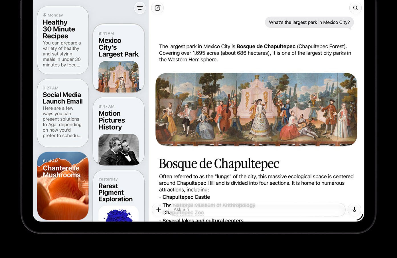 Apple Siri AIの専用アプリで会話の履歴を表示したiPadの画面