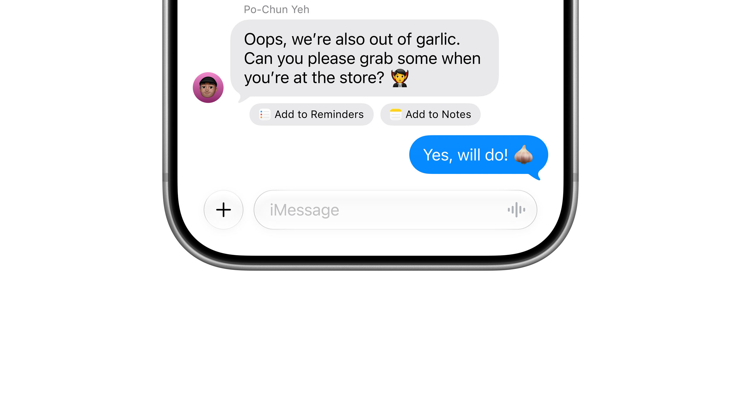 Apple Intelligenceがメッセージの内容からリマインダーやメモへの追加を提案するiPhoneの画面
